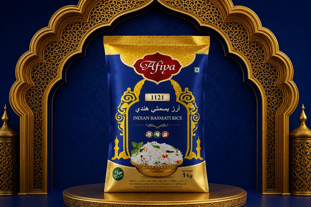 Afiya 1121 Indian Basmati Rice package in a golden arch setting