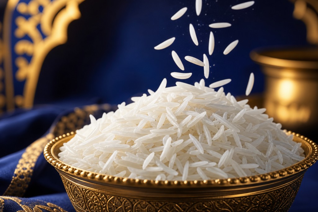 Long grain basmati rice in a brass bowl