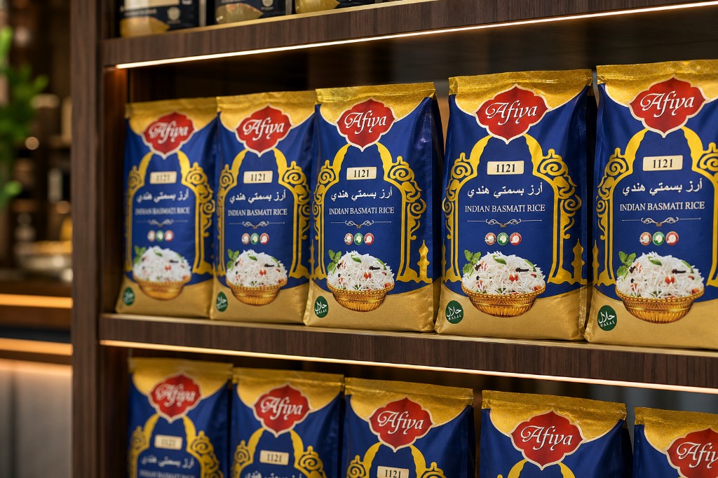 Afiya rice packages displayed on a retail shelf