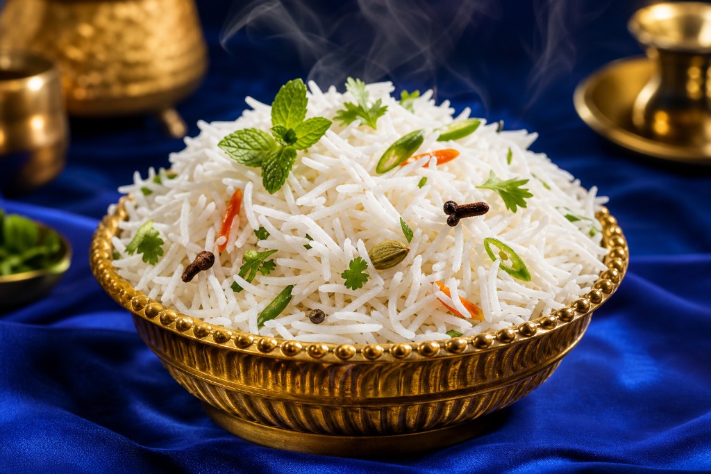 Cooked basmati rice served in a golden bowl
