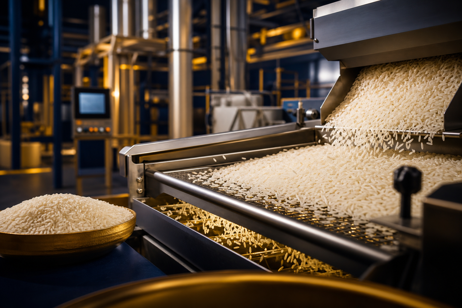 Premium rice sorting and quality control at production facility
